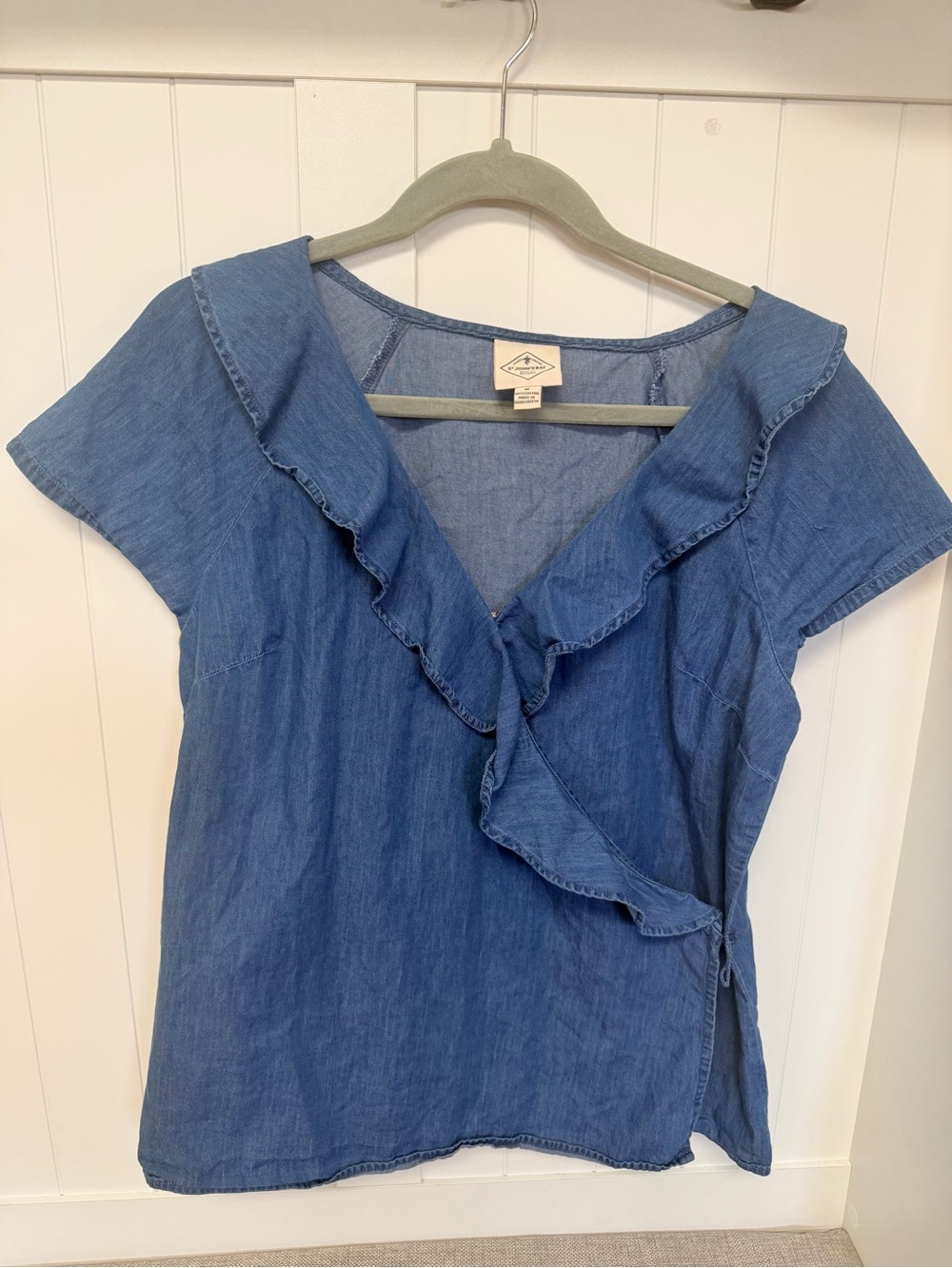 St. John's Bay Denim-Style Ruffle Wrap Top - Blue